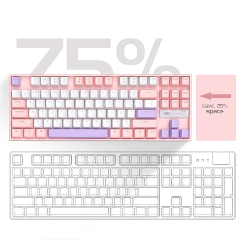 Image of MageGee 75% Mechanical Gaming Keyboard, Red Switch, LED Blue Backlit, 87 Keys Compact TKL Wired Computer Keyboards for Windows Laptop PC Gamer - White /Pink