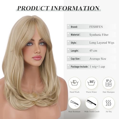 Image of FESHFEN Blonde Wigs with Bangs, Synthetic Natural Looking Long Layered Straight Hair Wig for Women Daily Party Costume, 18 inch Dirty Blonde
