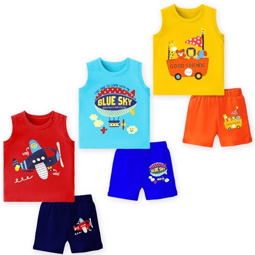 Image of TS LAVI TAVI Baby Cotton Clothing Set | Sleeveless T-Shirt & Shorts Combo | Summer Wear for Boys & Girls | Soft Breathable Fabric | Multicolor Pack of 3