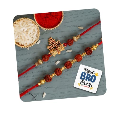 Image of eCraftIndia Set of 2 Golden & Brown Om Namah Shivay with Damru and Rudraksha Religious Rakhis, Best Bro Ever Fridge Magnet with Roli Chawal Pack - Rakhi for Brother, Bhaiya, Bhai