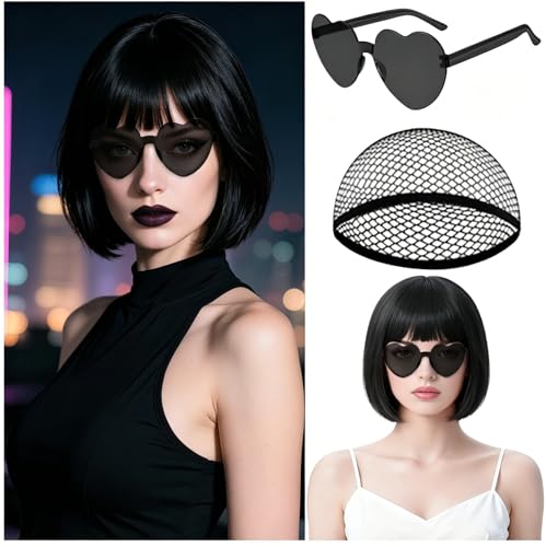 Image of MEEZY Black Short Bob Wigs Straight Hair with Flat Bangs Heart Sunglasses for Women, Colorful Funny Cosplay Party Neon Wig Synthetic Natural As Real Carnival Halloween Costume