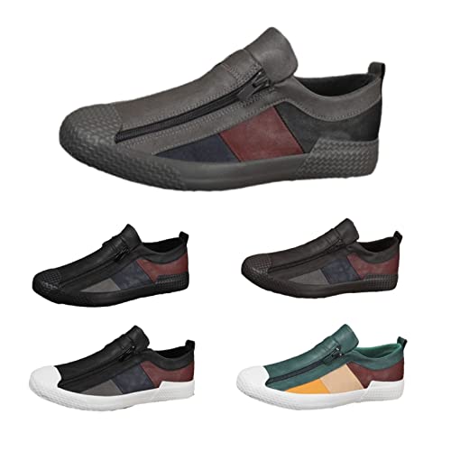 Men's Leather Slip-On Zip-On Sneakers?Comfortable and Breathable Walking Leather Flats?Fashionable All-Match Casual Shoes.