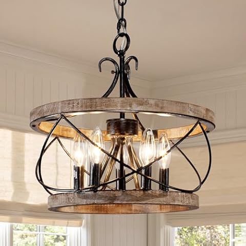 20" Farmhouse Chandelier, 5-Light French Country Drum Chandelier Over Table, Wood Chandelier for Kitchen Island Dining Room Entryway Cover