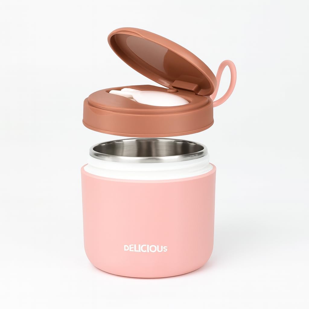 YELONA Stainless Steel Lunch Pot for Meals, Lunch, Tiffin Box for Men, Women, Kids Leakproof Meal Jar with Foldable Spoon for Office, School, College- Baby Pink, 430 ML