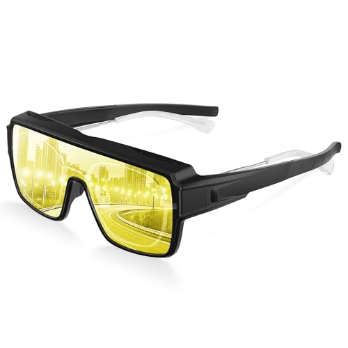 gesruny Night Driving Glasses-Anti Glare-Night Vision for Men and Women-Yellow-Cycling Wrap Around Over Prescription Glasses-Black