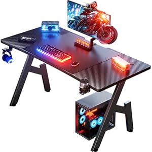 DLONGONE Gaming Desk 120 x 60cm, Computer Gaming Desk, Gaming PC Desk for Home Office, A Shaped Gaming Table with Cup Holder and Headphone Hook, Simple Assembly, Black