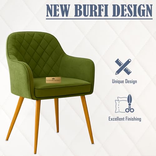 Image of Barfi Velvet Dining Chair | Set of 2 Premium Accent Chair with Armrest, Padded Seat and Metal Legs | Comfy Chair for Home, Office & Restaurents | (Parrot Green Set of 4)