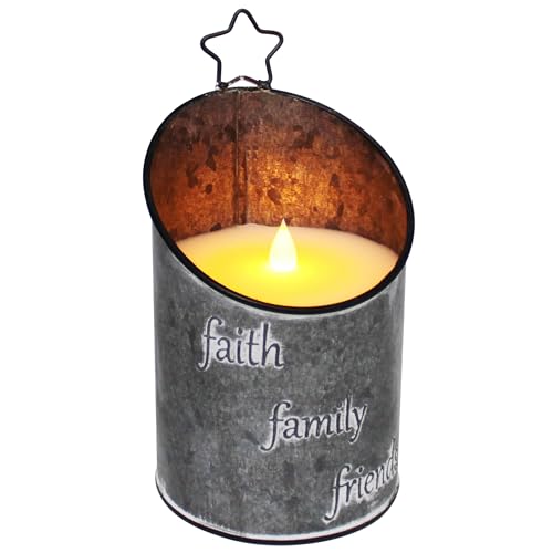 Image of CVHOMEDECO. Vintage Galvanized Can Flameless LED Candle, Real Wax in Antique Galvanized Jar FFF Flickering Candle with Remote Control for Tabletop Wall Decor. H 8 Inch, Gray