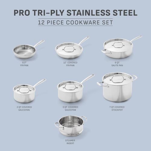 Image of T-fal Pro Tri-Ply Stainless Steel, 12 Piece Pots and Pans Set