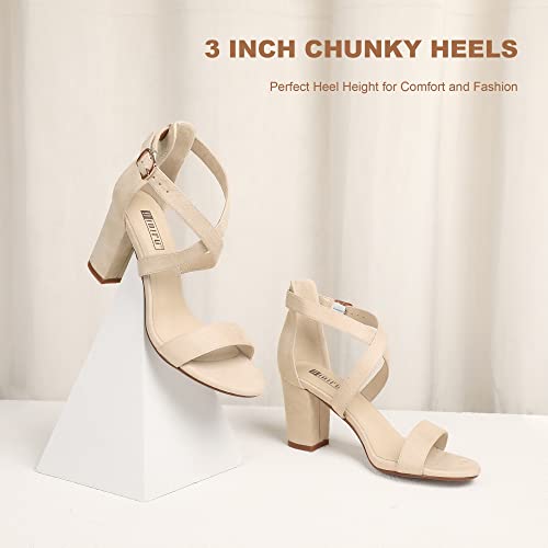 Idifu Women's In3 Grace Strappy Block Heels Sandals Comfy Open Toe Chunky Dress Wedding Shoes With Adjustable Cross Strap (9, Nude Suede) #TOP3