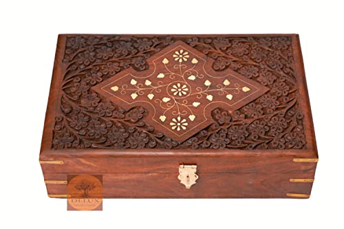 Image of Handcrafted Wooden Jewellery Box for Women Jewel Organizer Hand Carved Carvings Gift Items, 12 * 8 Inches