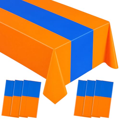 Image of Oudain 6 Pcs Plastic Table Cloths Disposable 54 inch x 108 inch, Orange, Blue