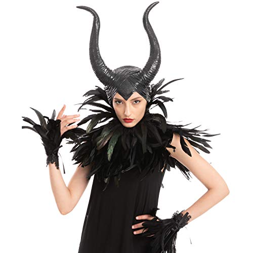 Accesorios Set Disfraz de Maléfica Reina Negra Mala con Cuerno, Mantón de Plumas y Puños de Plumas para Halloween Fiesta de Cosplay