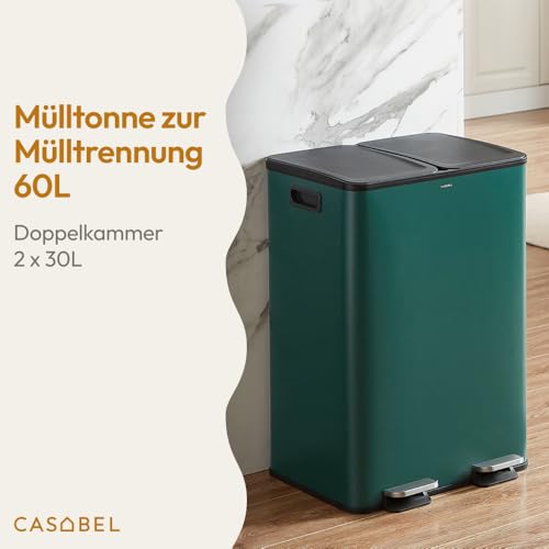 Image of CASABEL Tri Selectif Bin 60L - 2 x 30 L Bin with Pedal, Stainless Steel, Dark Green Anti-Fingerprint, Double Compartments, Kitchen Bin, with Removable Bins, Handles, Silent Lids, 2 x 30 L