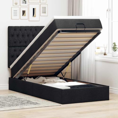 QZZCED Cama Otomana con Colchón de Muelles Ensacados 90x200 cm, Tela de Poliéster Negra, Mecanismo de Elevación Hidráulico y Amplio Espacio de Almacenamiento, Incluye Cubrecolchón