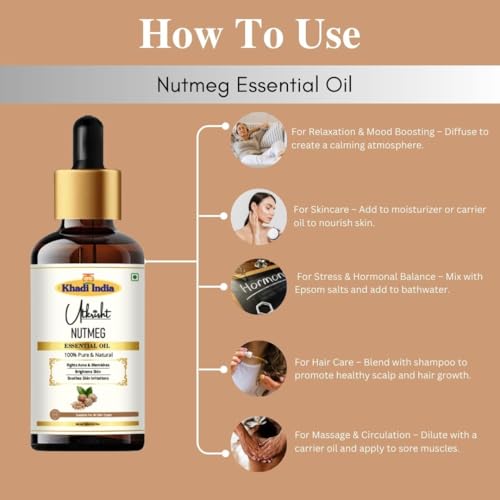 Image of Khadi Nutmeg Essential Oil 15 ml | Pure & Natural Therapeutic Grade | For Relaxation, Respiratory & Digestion | Oil for Face | Skin & Hair Care | All Skin Types | Aromatherapy for Men & Women