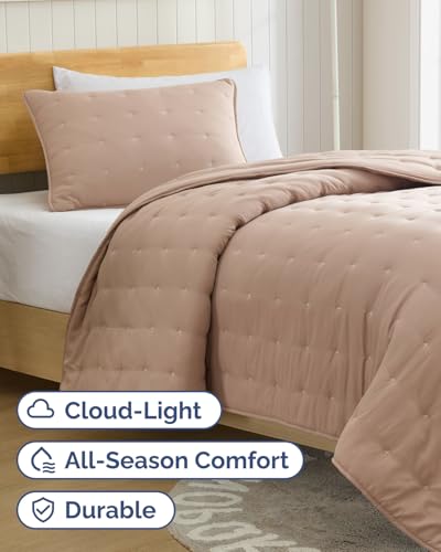 Image of Quilts Twin Size - Bedspread for Twin Size - Lightweight Comforter Set - Quilt Bedding Set for All-Seasons - Ultra Soft, Breathable & Comfy - Summer Coverlet w / 1 Pillow Sham - 68 inch x 86 inch, Light Brown