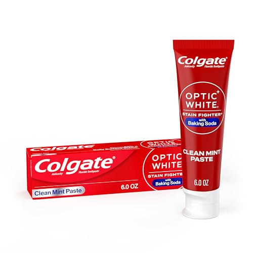 Colgate Optic White Stain Fighter With Baking Soda Whitening Toothpaste, Clean Mint Flavor, Removes Surface Stains, Enamel-Safe For Daily Use, Teeth Whitening Toothpaste With Fluoride, 6 Oz Tube