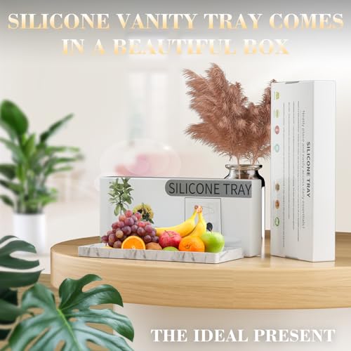 Image of BBK Bathroom Vanity Tray - 2 Pack (7.8 inch and 11.8 inch) Silicone Bathroom Trays for Counter, Perfume Key Trinket Ring Tray, Decor Soap Dispenser Countertop Tray for Kitchen Sink Organization (Marble Gray)