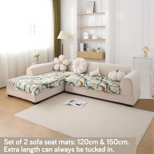 Image of HOKIPO 'Elira Series' Printed Water Repellent + Waterproof Quick Dry L Shape (2+2 Seater) Sofa Seat Cover Mat, Parchement Beige Abstract Art (AR-5245-C6 + AR-5246-C6)