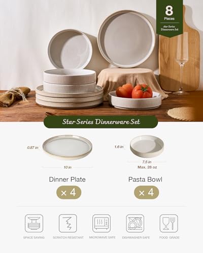 Image of Famiware Star 8-Piece Stoneware Dinnerware Set for 4 - 23 oz Shallow Pasta Bowls and 10.5 inch Flat Dinner Plates, High Edge Dishes, Chip & Scratch Resistant, Microwave & Dishwasher Safe, Cappuccino White