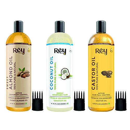 Image of Rey Naturals Hair Oil Combo - Cold Pressed Castor Oil, Virgin & Pure Coconut oil & Sweet Almond Oil For Hair, Skin & Face - 200ml Each | For Hair Growth, Hairfall Control, Eyebrow & Eyelashes