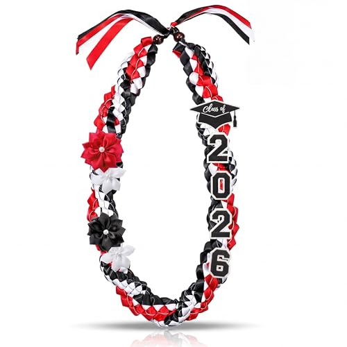 Lyrow Red Black 50'' 2026 Graduation Lei Double Braided Strands Graduation Ribbon Leis with 4 Satin Flowers Congrats Graduates Money Leis Class of 2026 Gift for Men Women