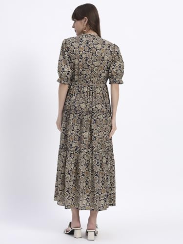 Image of Women's Fit and Flare Dress I Pure Cotton Long Summer Maxi Dress I V-Neck I Casual Wear I Printed Kalamkari Floral Middi