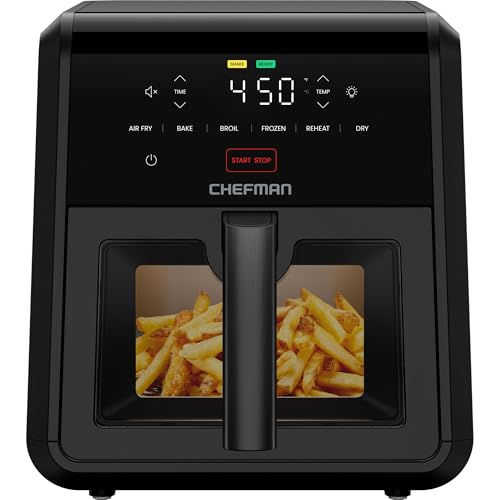 Comparison: Best Air Fryer For Large Family Of 6 10 Chefman Air Fryer TurboFry 7-Qt, 6-in-1 High-Powered 450°F Cooking for Crispier Results, Compact Space-Saving Design, Air Fry, Bake, Broil, Reheat, Dehydrate, Defrost, Fast & Even Cooking – Black
