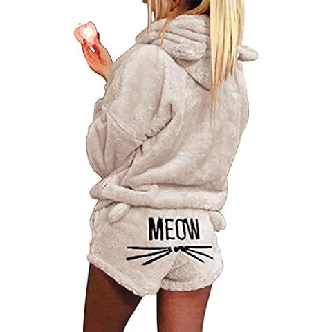 FAMKIT Women Girls Fleece Pajamas Cozy Sleepwear Meow Embroidered Hoodie Pullover Shorts Pj Two Piece Set Pajama Party Beige Cover