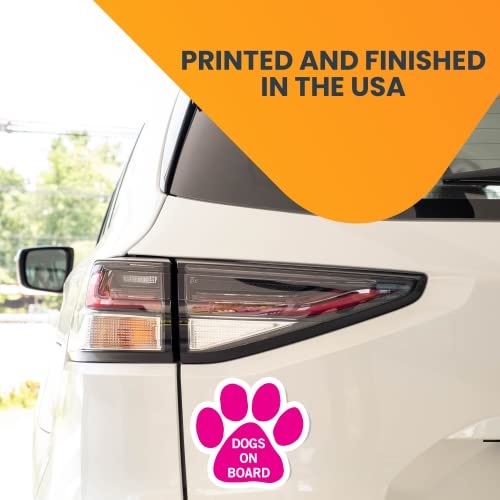 Image of Dogs on Board Pink Pawprint Car Magnet 5 Inch, Dog Lover Gift | Heavy duty magnetic decal for car, truck, SUV or fridge, full color UV printed