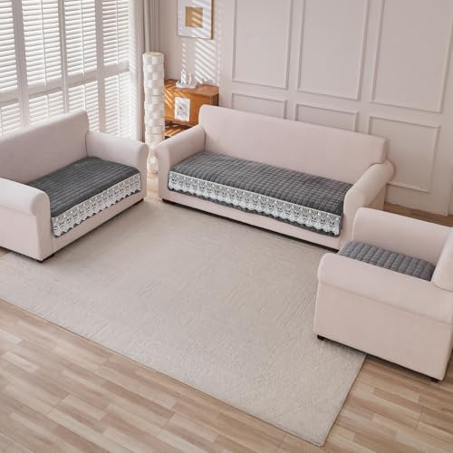 Image of HOKIPO 'BelleLace Series' 6 Seater Sofa Cover Mat in 3+2+1 Configuration | Imperial Milk Velvet with Lace Design | Porpoise Grey (AR-5966+5964+5962-DGRY)