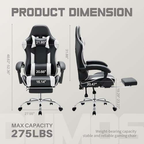 Image of DUMOS Ergonomic Gaming Office Desk Chair with Footrest and Headrest, PU Leather Video Computer Chair with Linkage Armrests, Height Adjustable 360 Swivel Recling, Black White
