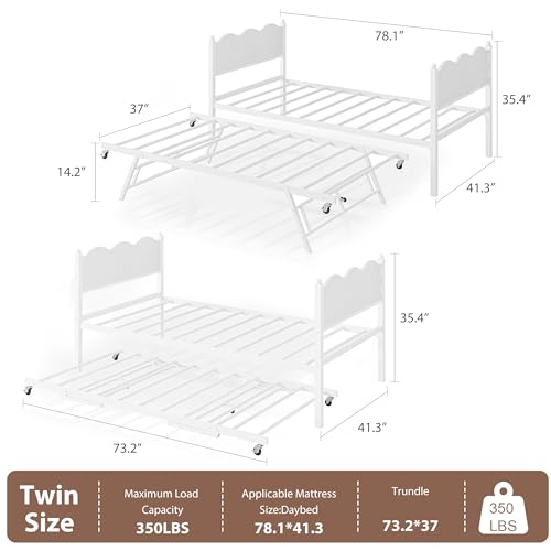 Image of Daybed with Trundle, Metal Twin Size Day Bed with Industrial Wood Grain Headboard, Metal Slat Support & Lockable Casters, Space-Saving Sofa Bed for Living Room /Guest Room, No Box Spring Needed, White