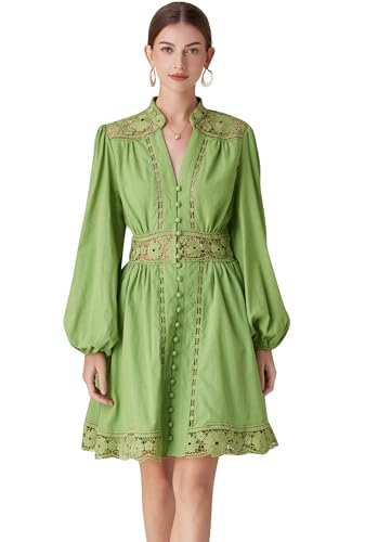 Image of LAI MENG FIVE CATS Women's V-Neck Elegant Lace Long Sleeve Lantern Sleeve Button up Casual Mini Dress