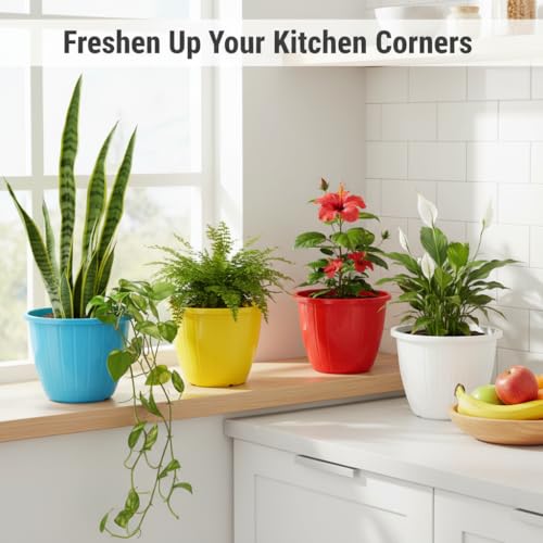 Image of Go Hooked Sunshine Flower Pot /Planters for Home Decor, Plastic Pots for Gardening /Home, Flower Pots Indoor-Outdoor & Planter for Plants (Multicolor) (Pack of 4)