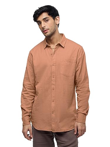 Image of The Souled Store Cotton Linen: Coral Peach Men and Boys Collared Neck Long Sleeves Cotton Solid Regular Fit Everyday Office Wear Trendy Comfortable Summer Ready Cotton Linen Shirts