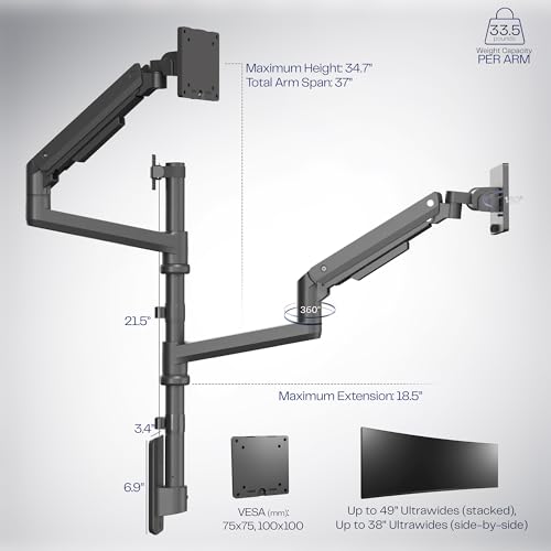 Image of VIVO Pneumatic Arm Dual Ultrawide Monitor Wall Mount for Up to 49 inch Screens, Holds 2 Ultra Wides Up to 33.5 lbs Each, Black, MOUNT-V120K