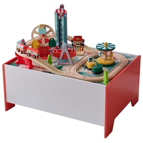 Teamson Kids Wooden Train Table – Carnival-Themed Amusement Park Playset with Ferris Wheel, Carousel & Train Track – Interactive Toy for Toddlers with Storage – Ages 3+ Cover