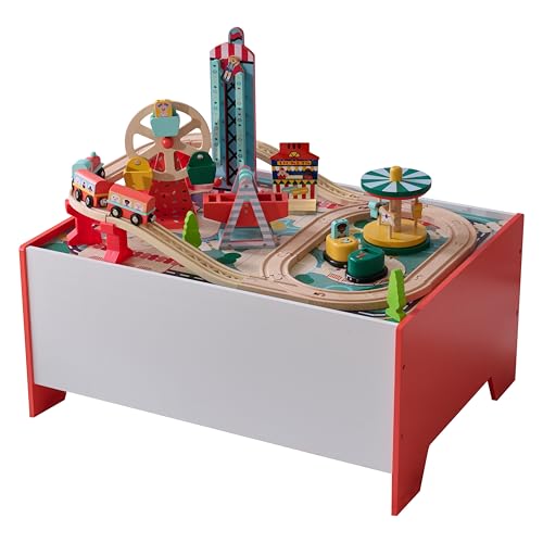 Teamson Kids Wooden Train Set Activity Play Table with 6 Mini-Games