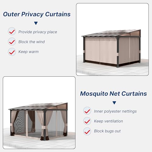 Gotland-10FTx14FT-Outdoor-Wall-Mounted-Hardtop-Pergola-Metal-Frame-Gazebo-with-Sloping-Sun-Panel-Roof-and-Double-Curtains-for-Patio-Garden-Lawn-Khaki Gotland 10FTx14FT Outdoor Wall Mounted Hardtop Pergola Metal Frame Gazebo with Sloping Sun Panel Roof and Double Curtains for Patio Garden Lawn Khaki