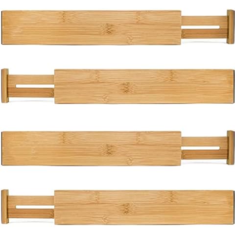 MEKBOK 4-pack Bamboo Kitchen Drawer Divider, Adjustable Drawer Storage, Spring loaded, Suitable for kitchens, Dressing tables, Bathrooms, bedrooms, Drawers, Desks Cover