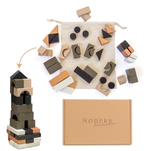 Image of The Modern Ramona Educational Stacking Blocks for Toddlers 1-3 | 46-Piece Wooden Building Block Set, Montessori-Inspired Learning Toy for Kids