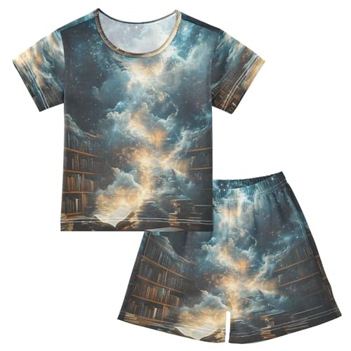 ALAZA Bookshelf Bookworm Cloud Sky Pajamas Set Short Sleeve Cotton Sleepwear Summer Pjs 2 Piece 5-14Y