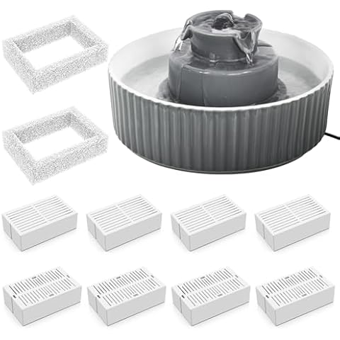 8 Filters with Dark Grey Ceramic Cat Water Fountain Cover