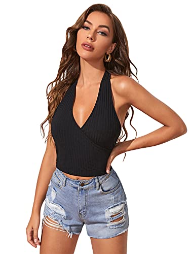 SheIn Women s Wrap Plunge V Neck Sleeveless Crop Halter Top Rib Knit Solid Tank Tops Black Small