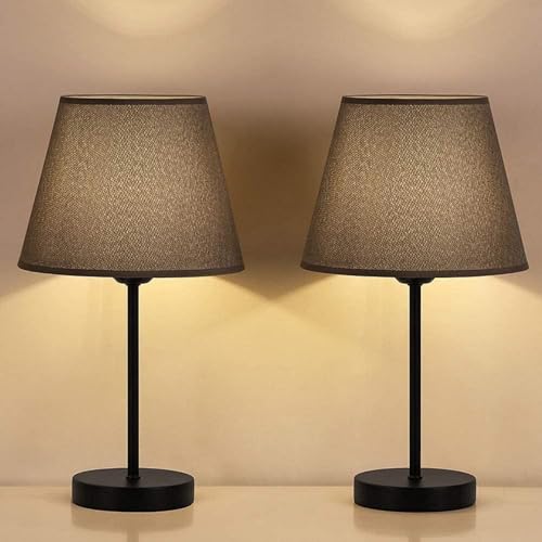 LIANTRAL Modern Bedside Lamps Set of 2, Small Desk Lamp with Linen Fabric Shades & Metal Frame, Table Lamps for Bedroom, Living Room, Office - Grey/Black