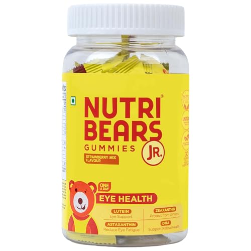Image of NutriBears Kids Eye Health Gummies | Lutein + Astaxanthin + DHA + Zeaxanthin | Screen Time Eye Care | No Artificial Colours | USFDA-Registered | Vegetarian | Ages 2-12 | Strawberry | 30 Gummies
