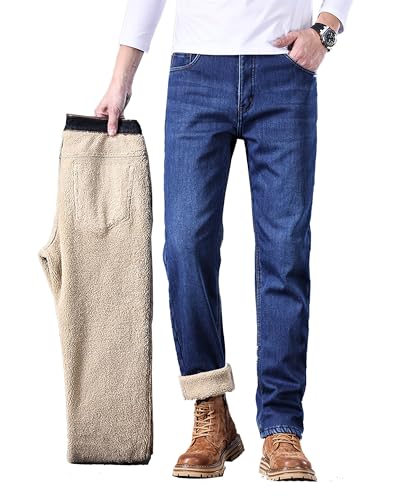 Mens Fleece Lined Jeans Straight Leg Stretch Winter Warm Denim Pants
