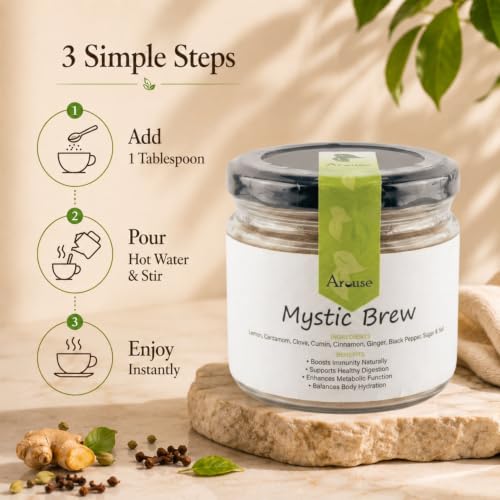 Image of Arouse Mystic Brew Instant Herbal Tea 100g | Instant Wellness Drink Mix | Lemon, Ginger, Cardamom & Spice Blend | Caffeine-Free | Just Add Hot Water | Digestive Herbal Beverage
